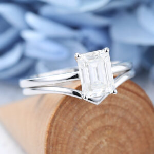 White Gold Emerald Cut Moissanite Engagement Ring Set -5