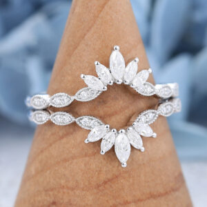 White Gold Moissanite Engraved Profile Curved Wedding Band-1