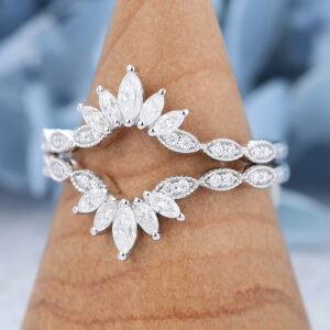 White Gold Moissanite Engraved Profile Curved Wedding Band-2