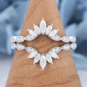 Moissanite Curved Wedding Band White Gold Marquise Cut Wedding Band Women Vintage Chevron Ring Unique Matching Stacking Band Promise Band