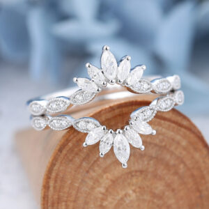 White Gold Moissanite Engraved Profile Curved Wedding Band