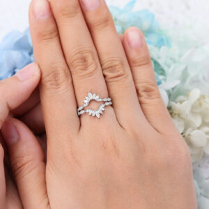 Moissanite Curved Wedding Band White Gold Women Chevron Ring