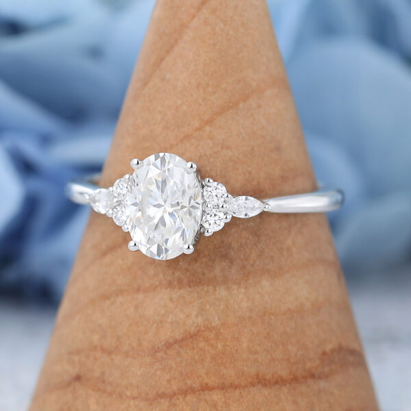 Oval Moissanite Engagement Ring Vintage Diamond Cluster Ring White Gold Anniversary Ring