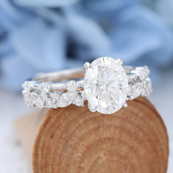 White Gold Oval Cut Moissanite Engagement Ring Set -5