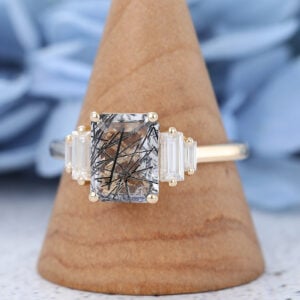 Yellow Gold Emerald cut Black Rutilated Quartz Engagement ring-2