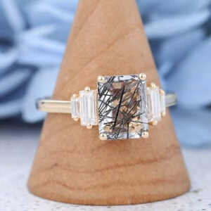 Yellow Gold Emerald cut Black Rutilated Quartz Engagement ring-3