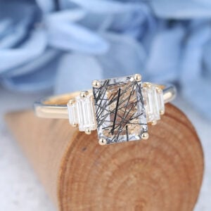 Yellow Gold Emerald cut Black Rutilated Quartz Engagement ring-4