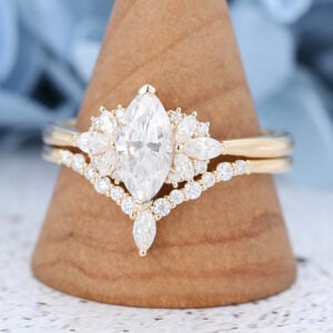 Yellow Gold Marquise Cut Moissanite Engagement Ring Set-3