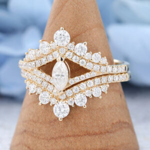 Yellow Gold Marquise Cut Moissanite Engagement Ring Set -3