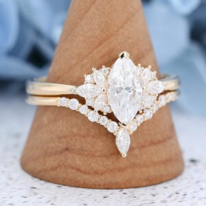Yellow Gold Marquise Cut Moissanite Engagement Ring Set-4
