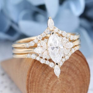 Yellow Gold Marquise Cut Moissanite Engagement Ring Set-5