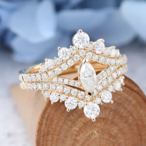 Yellow Gold Marquise Cut Moissanite Engagement Ring Set -5