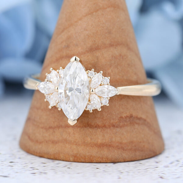 Marquise cut Moissanite Engagement Ring Vintage Unique Yellow Gold
