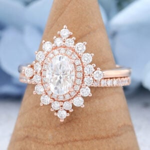 Yellow Gold Oval cut Moissanite Engagement Ring Set-4