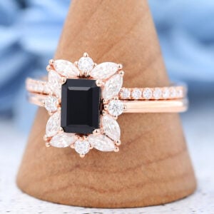 Rose Gold Emerald Cut Black Onyx Engagement Ring Set-