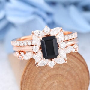 Rose Gold Emerald Cut Black Onyx Engagement Ring Set-2