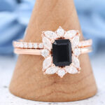 Rose Gold Emerald Cut Black Onyx Engagement Ring Set