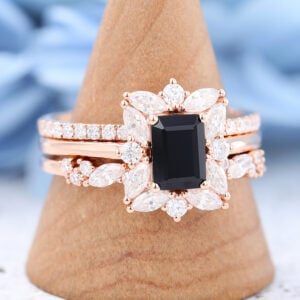 Rose Gold Emerald Cut Black Onyx Engagement Ring Set-3