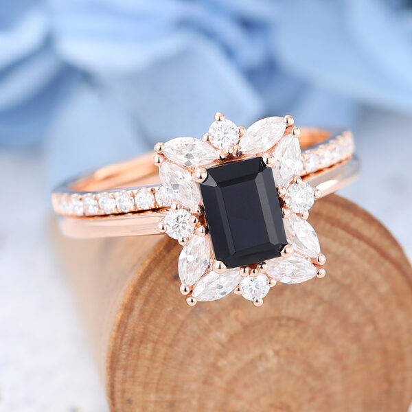 Rose Gold Emerald Cut Black Onyx Engagement Ring Set