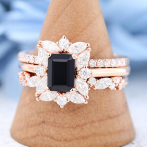Rose Gold Emerald Cut Black Onyx Engagement Ring Set-4