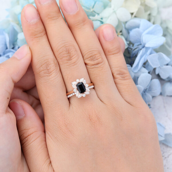 Rose Gold Emerald Cut Black Onyx Engagement Ring Set