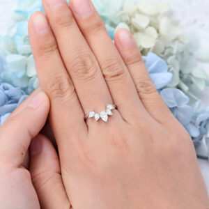 Curved Wedding Band White Gold Pear Shaped Moissanite Wedding Band Vintage