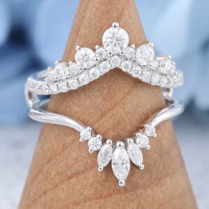 2 PCS Curved White Gold Marquise Moissanite Wedding Band3
