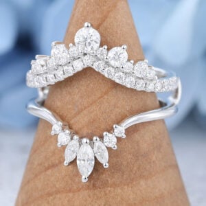 2 PCS Curved White Gold Marquise Moissanite Wedding Band4