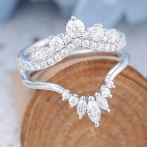 2 PCS Curved White Gold Marquise Moissanite Wedding Band5