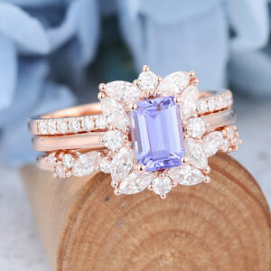 3PCS Emerald Cut Tanzanite Engagement Ring Set Rose Gold Bridal Set