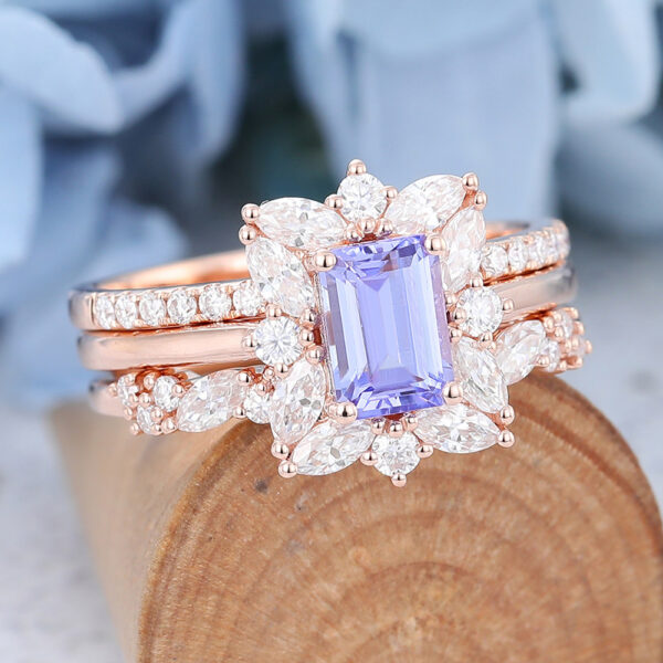 3PCS Emerald Cut Tanzanite Engagement Ring Set Rose Gold Bridal Set