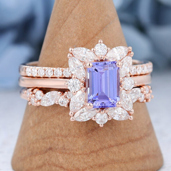 3PCS Emerald Cut Tanzanite Engagement Ring Set Rose Gold Bridal Set1