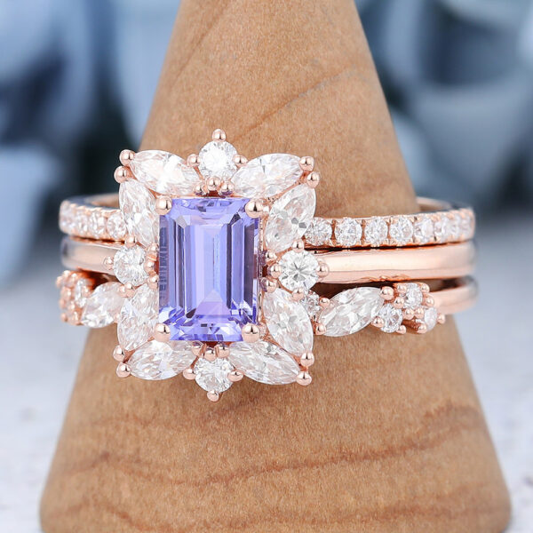 3PCS Emerald Cut Tanzanite Engagement Ring Set Rose Gold Bridal Set3