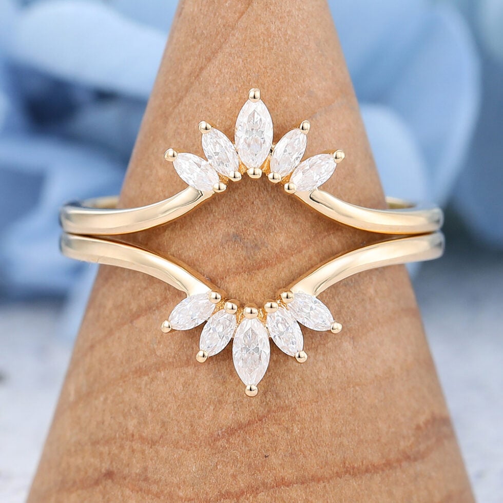2 PCS Curved Diamond wedding band Yellow gold Marquise cut Diamond wedding band Vintage Unique Moissanite Matching Stacking Bridal Anniversary band