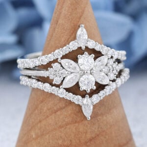 AMANDAFINEJEWELRY 3PCS Marquise Cut Moissanite White Gold Engagement Ring Set -3