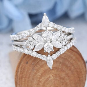 AMANDAFINEJEWELRY 3PCS Marquise Cut Moissanite White Gold Engagement Ring Set -4