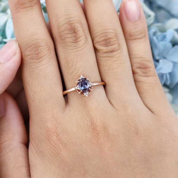 Unique Cluster Oval Cut Lab Rose Gold Alexandrite Stone Ring