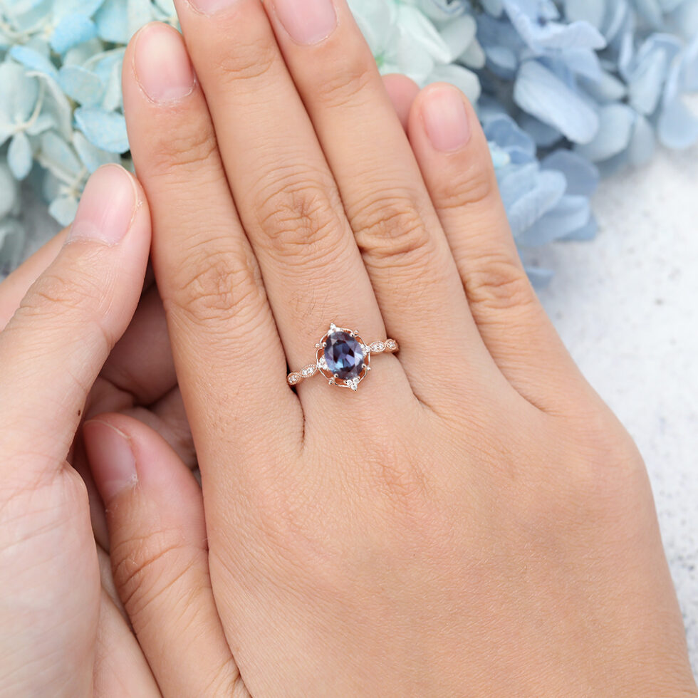 Halo Rose Gold Oval Cut Vintage Alexandrite Engagement Ring