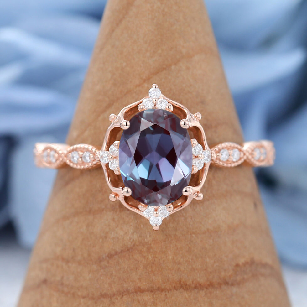 Halo Rose Gold Oval Cut Vintage Alexandrite Engagement Ring