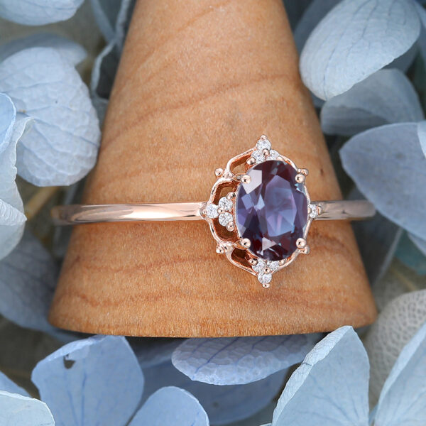 Unique Cluster Oval Cut Lab Rose Gold Alexandrite Stone Ring