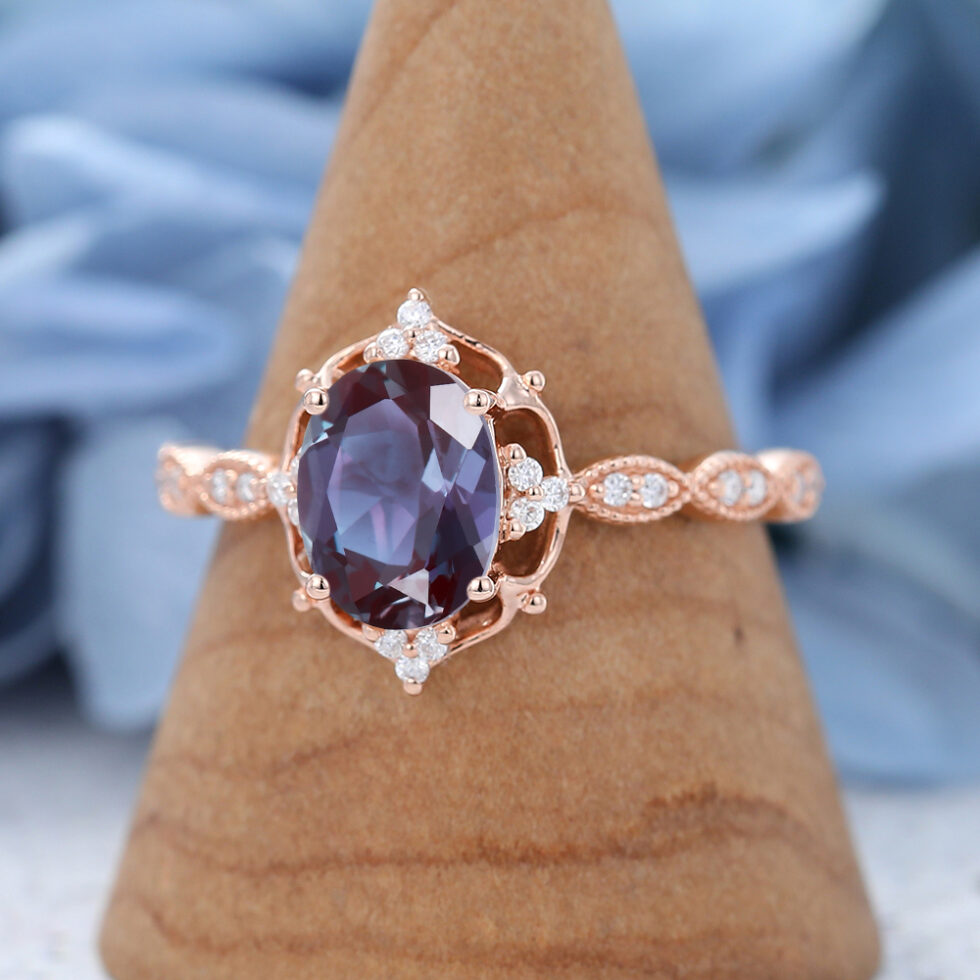 Halo Rose Gold Oval Cut Vintage Alexandrite Engagement Ring