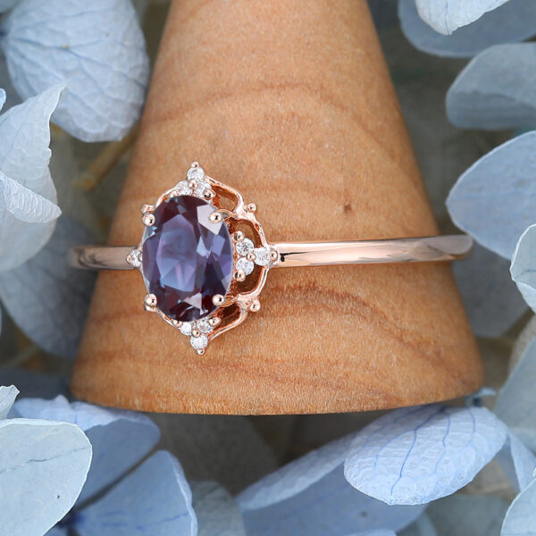 Unique Cluster Oval Cut Lab Rose Gold Alexandrite Stone Ring
