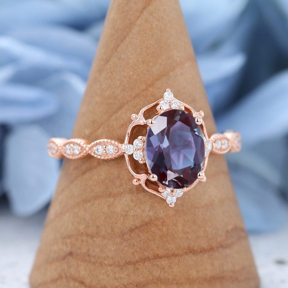 Halo Rose Gold Oval Cut Vintage Alexandrite Engagement Ring