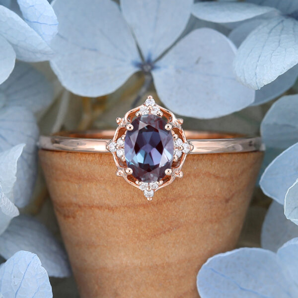 Unique Cluster Oval Cut Lab Rose Gold Alexandrite Stone Ring