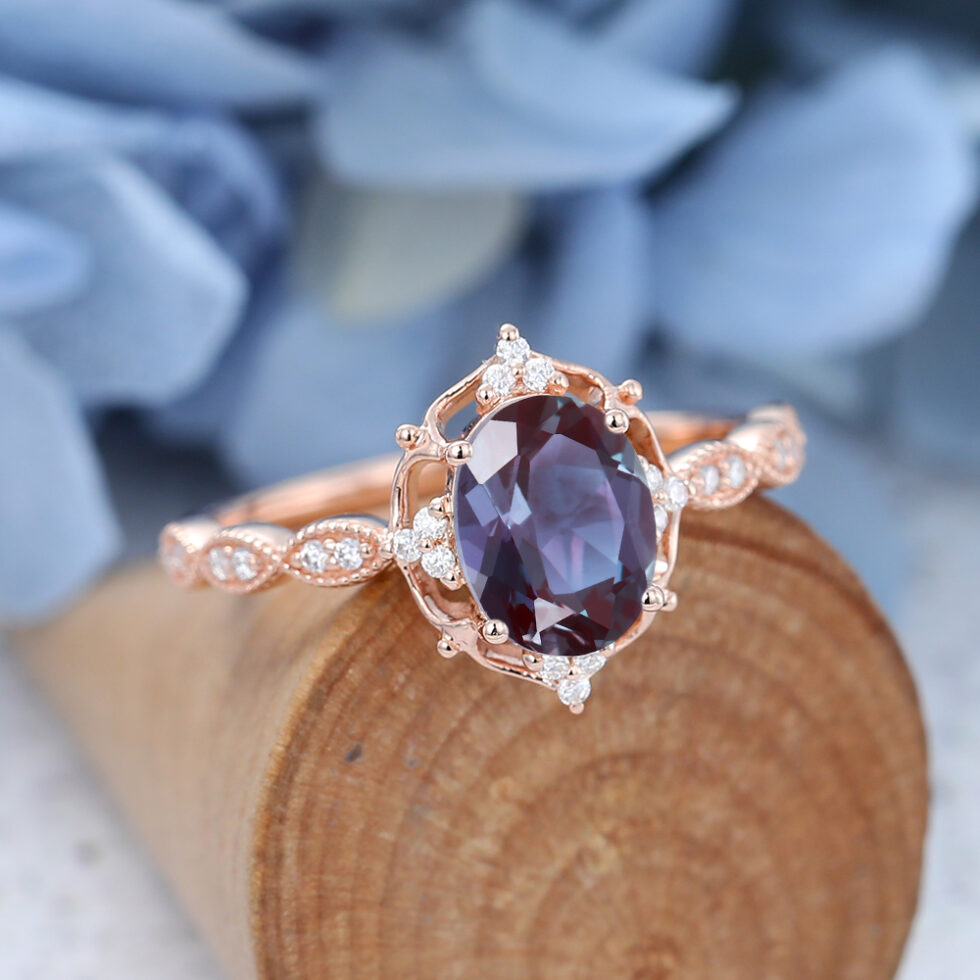 Halo Rose Gold Oval Cut Vintage Alexandrite Engagement Ring