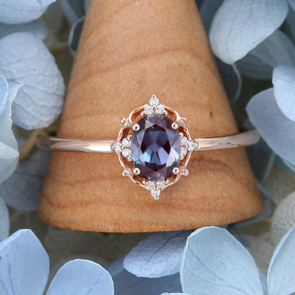 Unique Cluster Oval Cut Lab Rose Gold Alexandrite Stone Ring