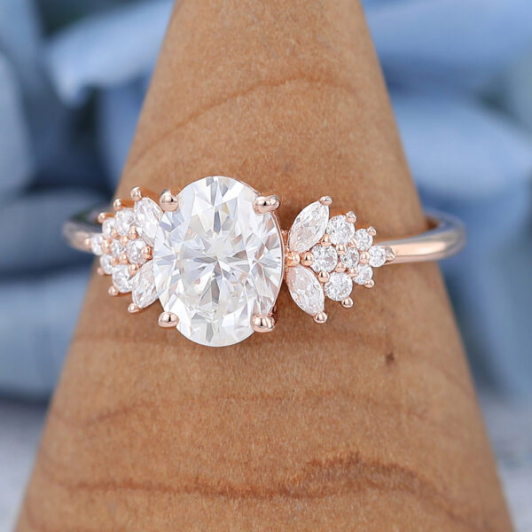 Unique Oval Moissanite Engagement Ring Vintage Rose Gold Prong Set Ring Wedding Cluster Ring Anniversary Promise Ring