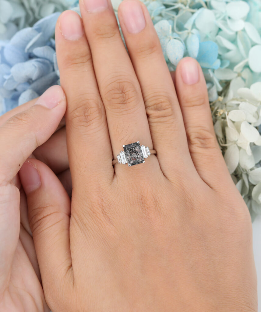 Emerald Cut Black Rutilated Quartz Engagement Ring White Gold Cluster Vintage Bridal Gift