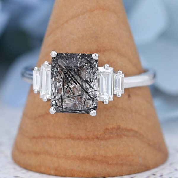 AMANDAFINEJEWELRY White Gold Emerald Cut Black Rutilated Quartz Engagement Ring -2