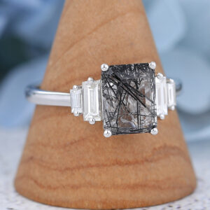 AMANDAFINEJEWELRY White Gold Emerald Cut Black Rutilated Quartz Engagement Ring -3